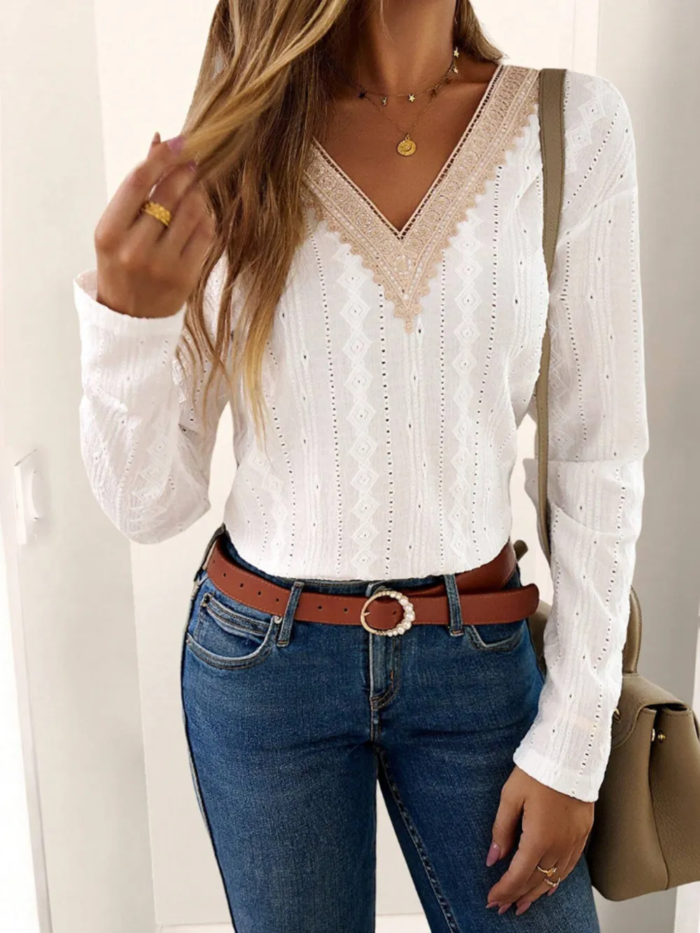 Eyelet V-Neck Dropped Shoulder T-Shirt, image 5