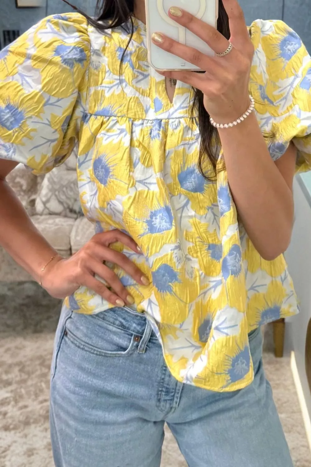 Short Bubble Sleeve Summer Floral Blouse, image 3