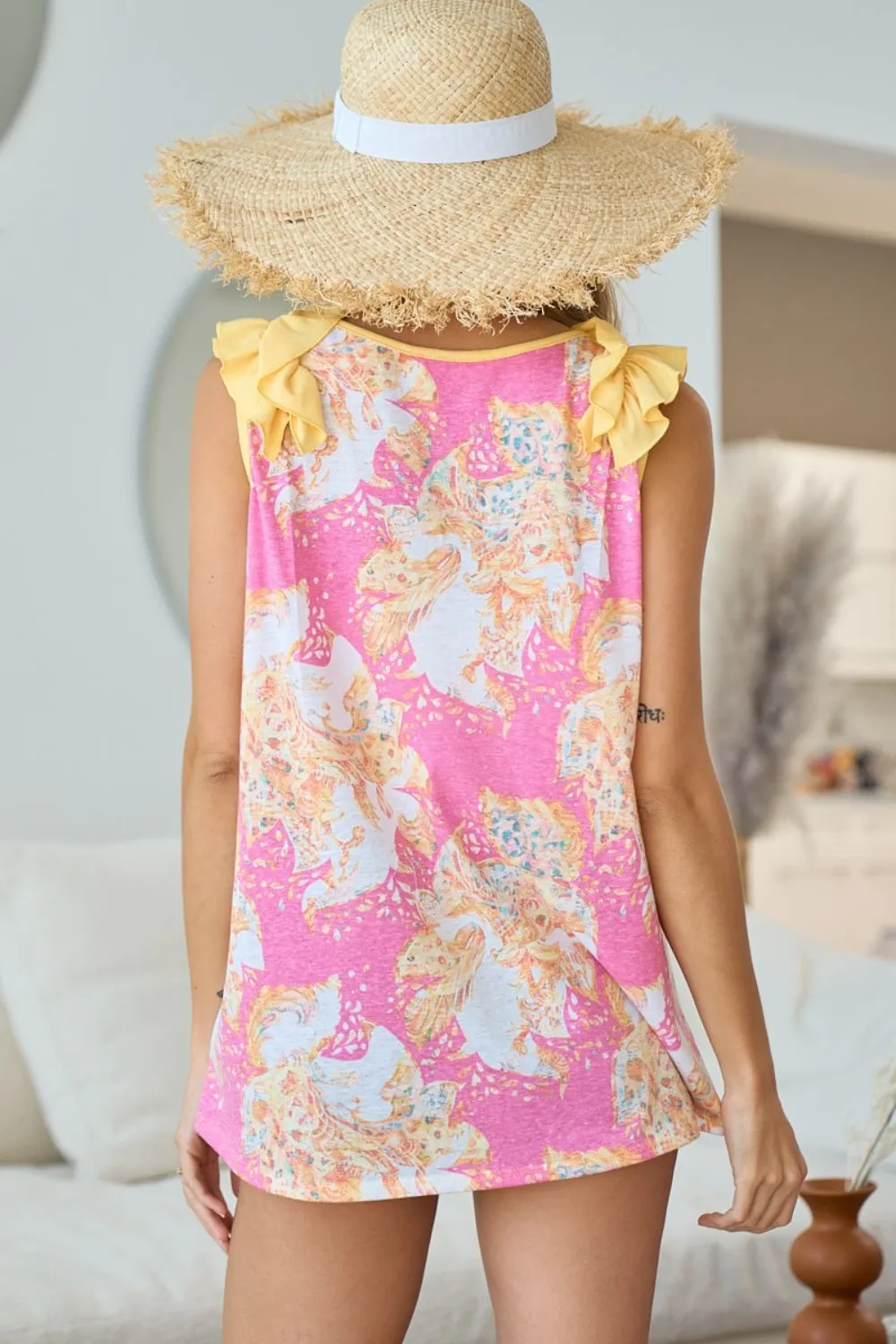 Printed V Neck Ruffled Tank, image 2