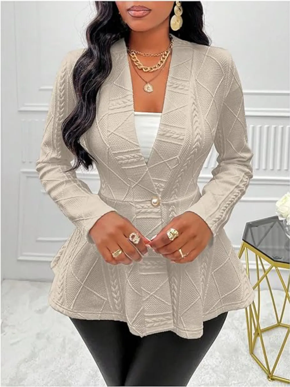 One Button Textured Peplum Cardigan, image 17