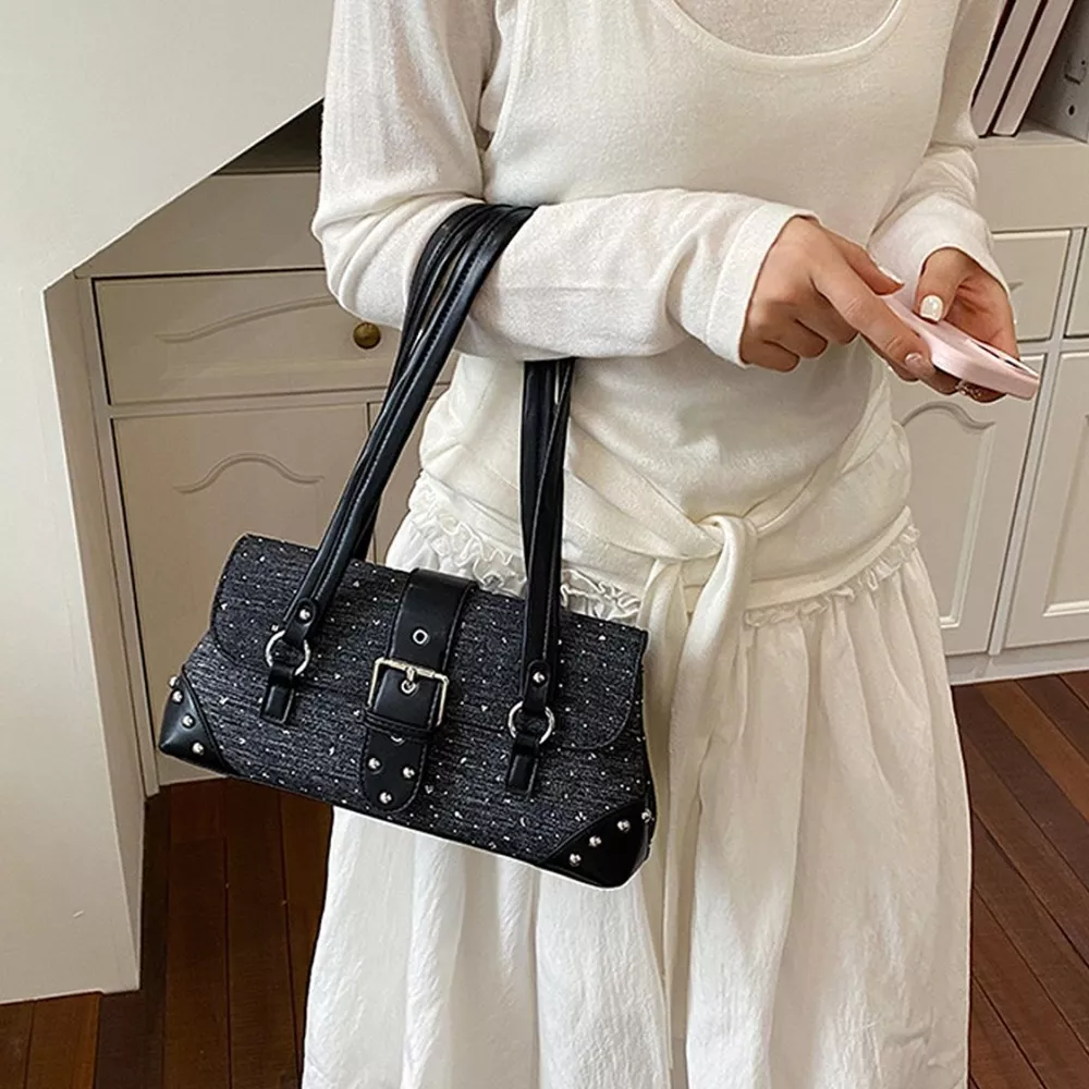 Studded Shoulder Bag with Buckle Detail, image 5