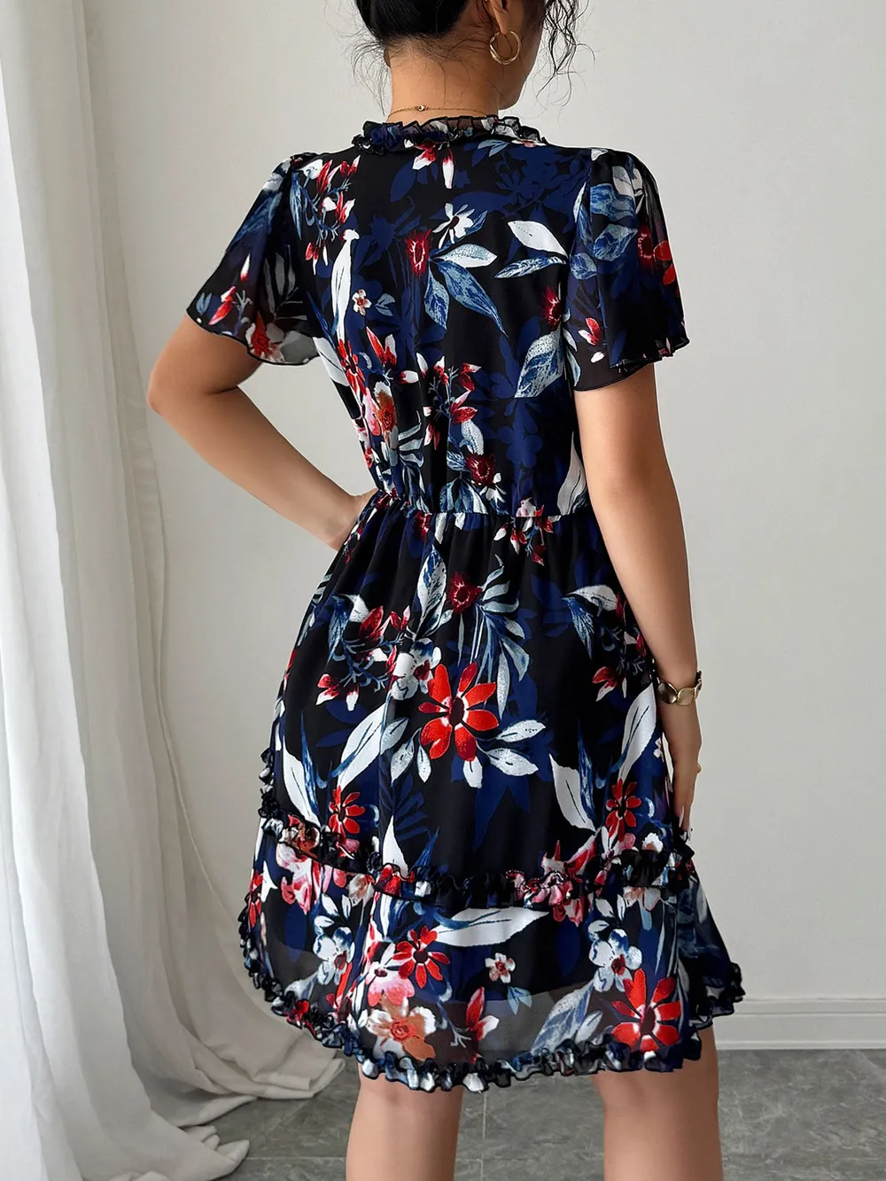 Floral Wrap Dress with Flutter Sleeves, image 5