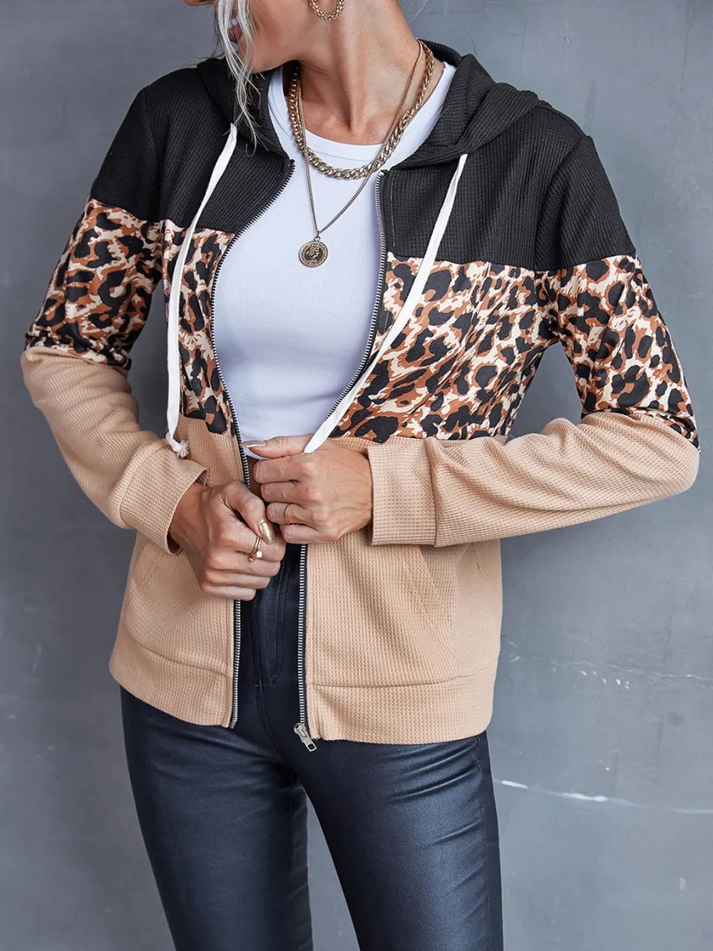 Drawstring Leopard Zip Up Hooded Jacket, image 4