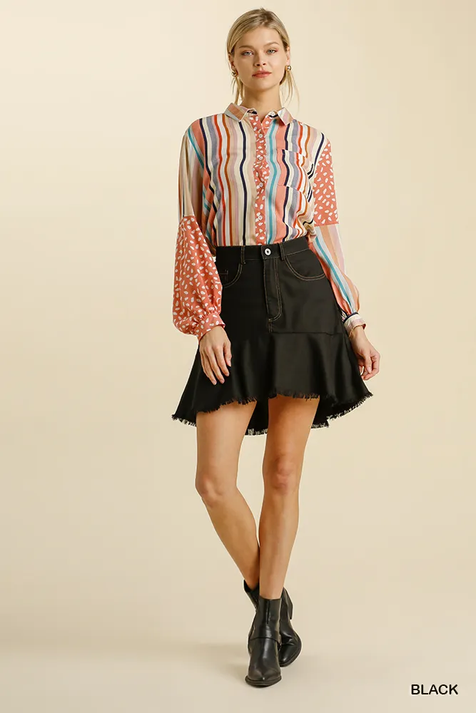 Linen Blend 5 Pockets High Low Skirt with Frayed Hem, image 4