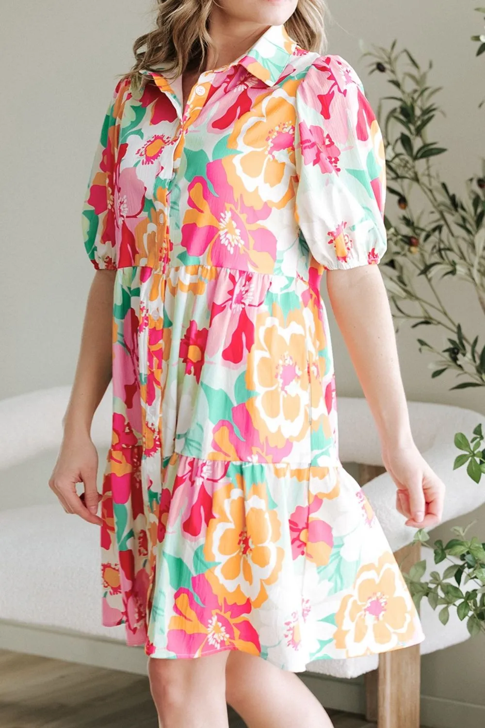 Button Down Floral Puff Sleeve Babydoll Dress, image 9