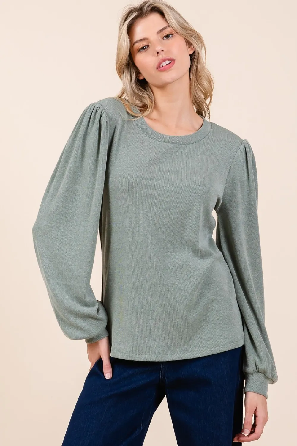 Round Neck Long Sleeve Rib Knit Top, image 4