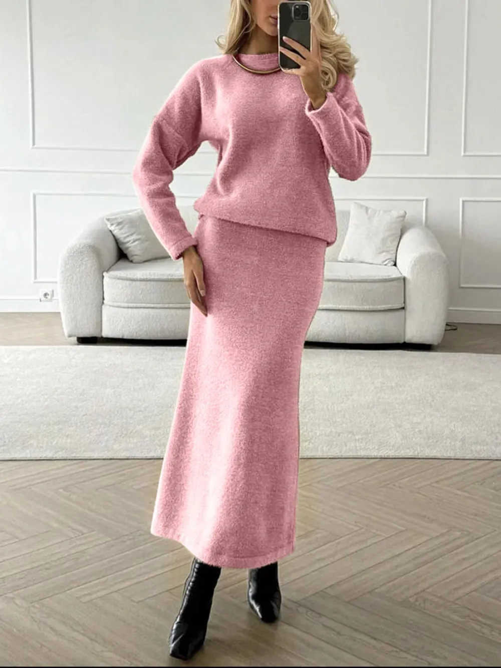 Round Neck Dropped Shoulder Top and Midi Skirt Sweater Set, image 10
