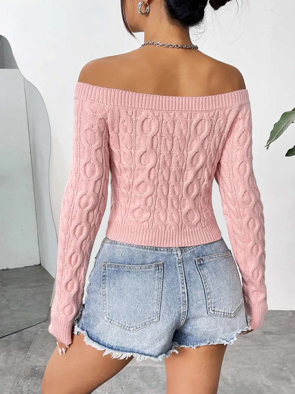 Cable-Knit Off-Shoulder Long Sleeve Knit Top, image 2