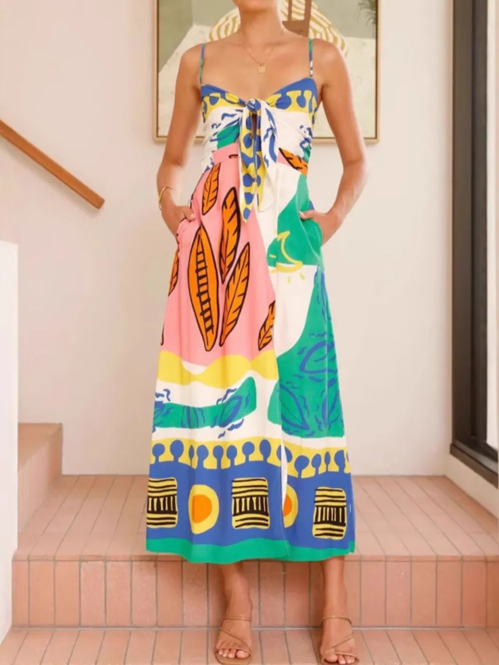 Tied Front Printed Slit Maxi Cami Dress, image 6