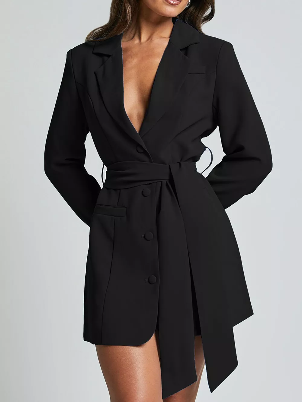 Lapel Collar Tie Waist Blazer