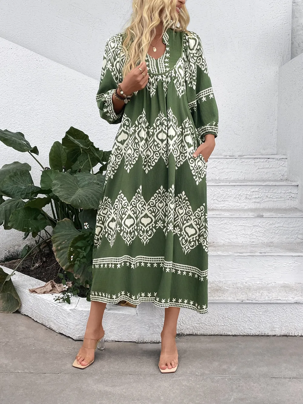Printed Notched Midi Dress with Pockets, image 6
