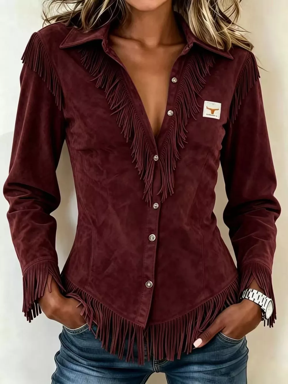Full Size Fringed Collared Neck Shirt Plus Size, image 14