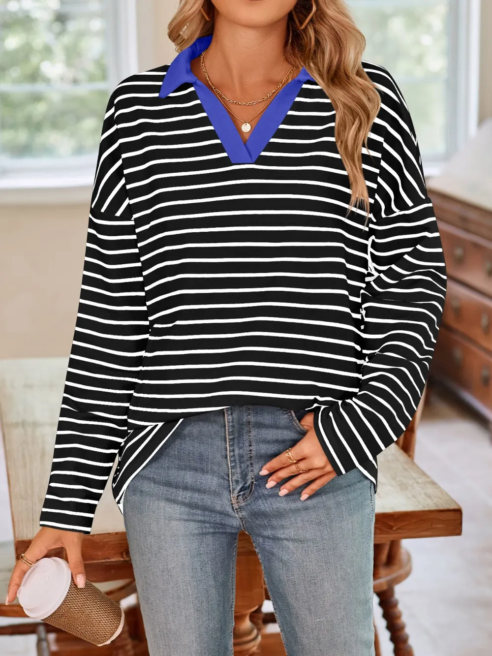 Striped Johnny Collar Long Sleeve T-Shirt, image 25