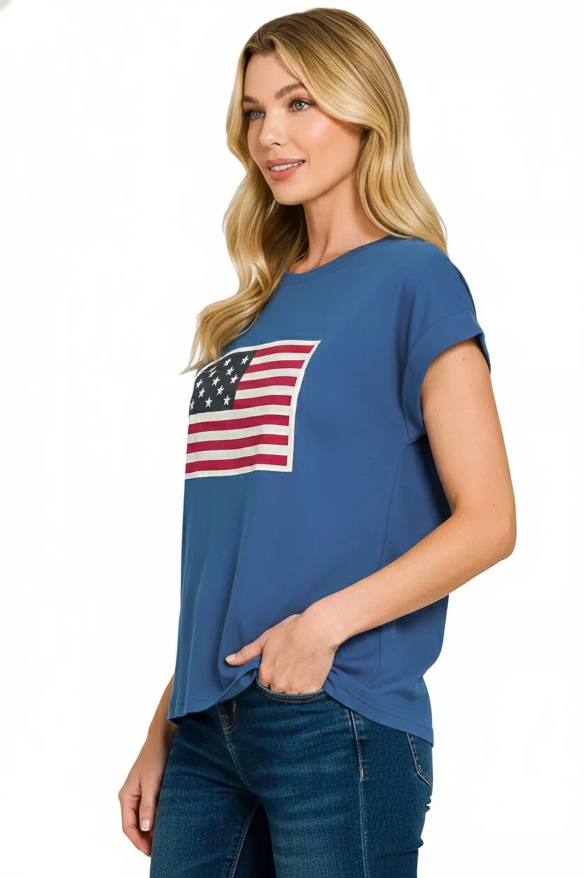 Full Size US Flag Round Neck Short Sleeve T-Shirt Plus Size, image 2