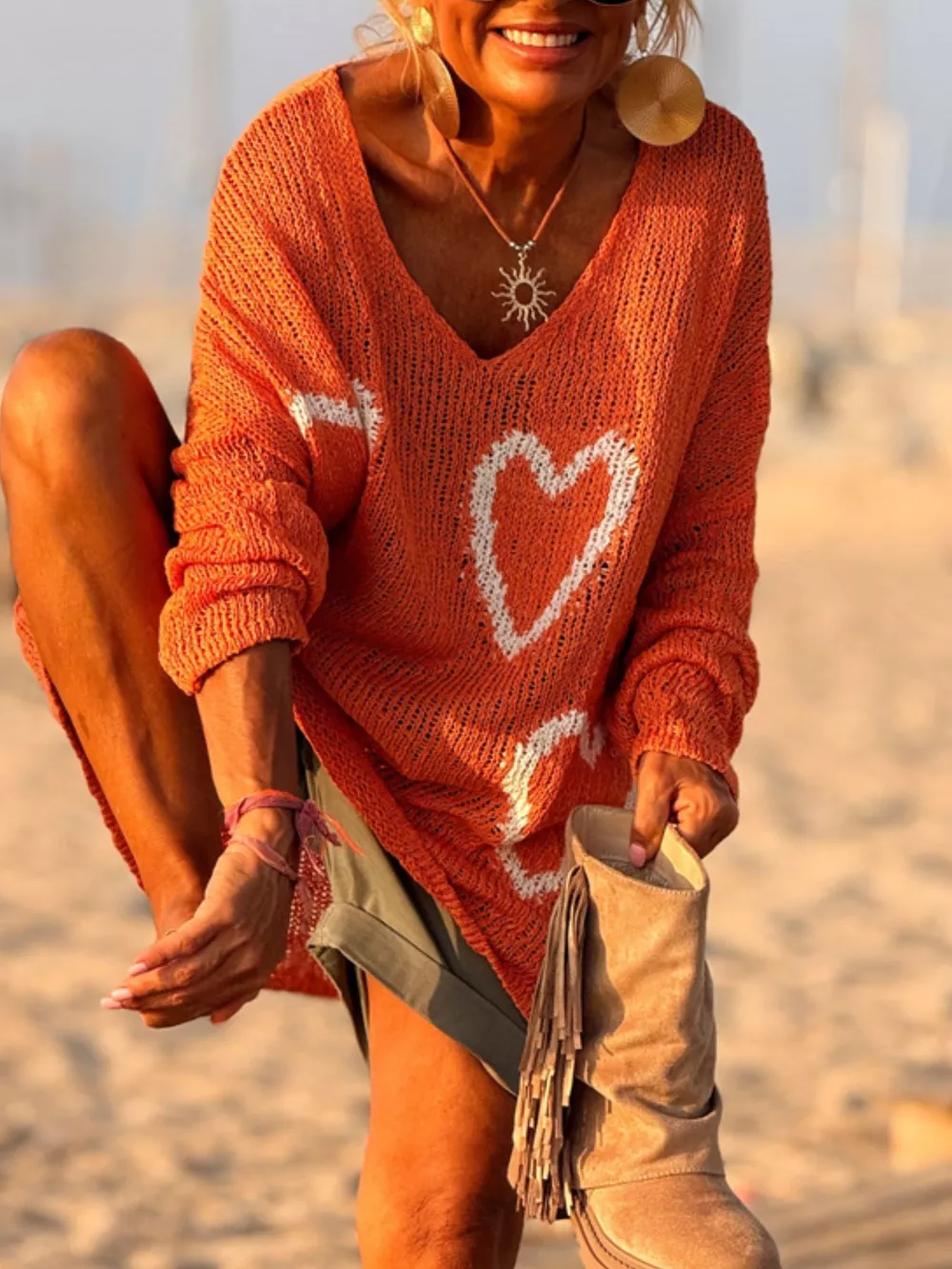 Heart V-Neck Dropped Shoulder Sweater, image 13