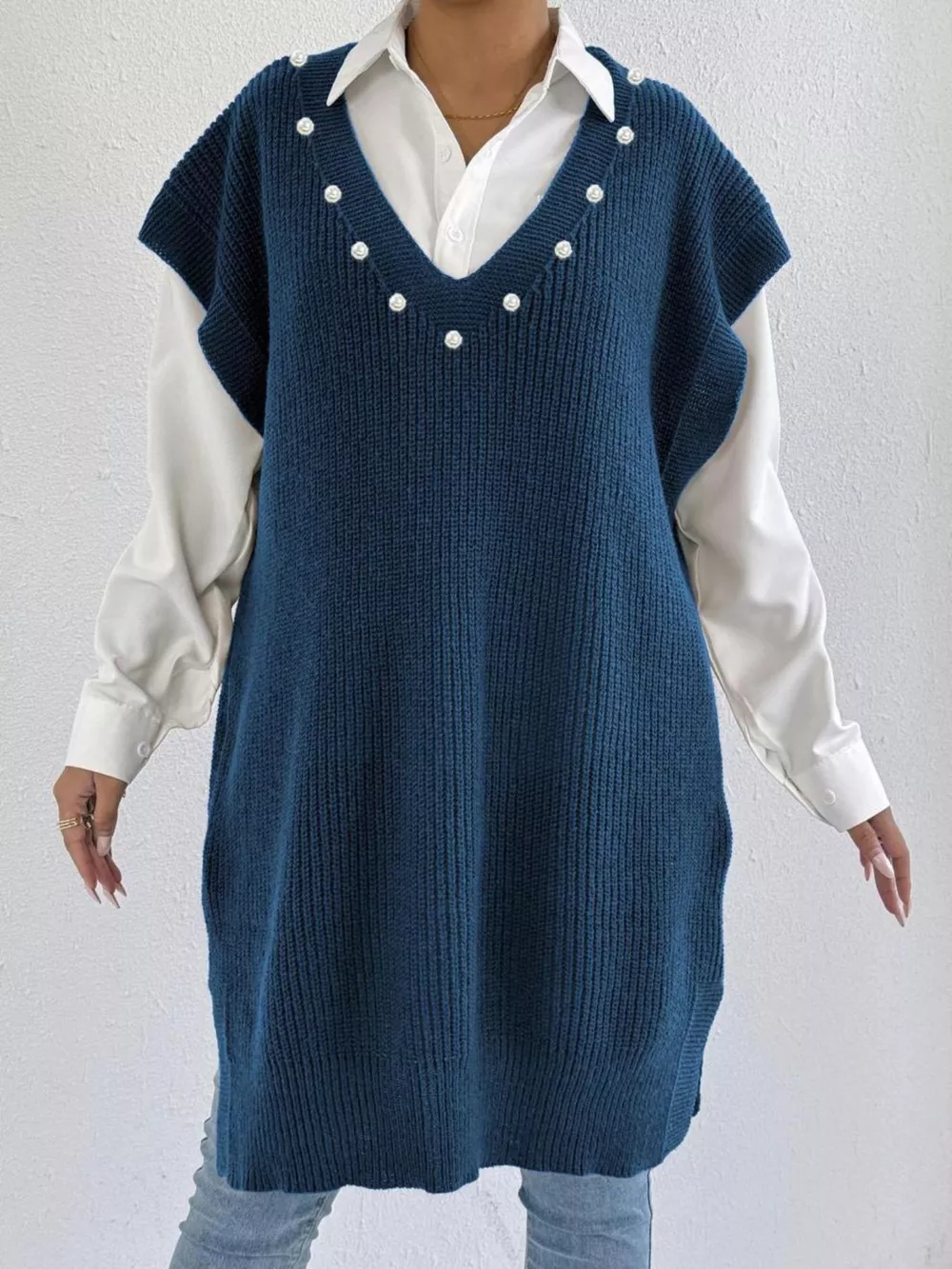 Slit V-Neck Sweater Dress, image 7