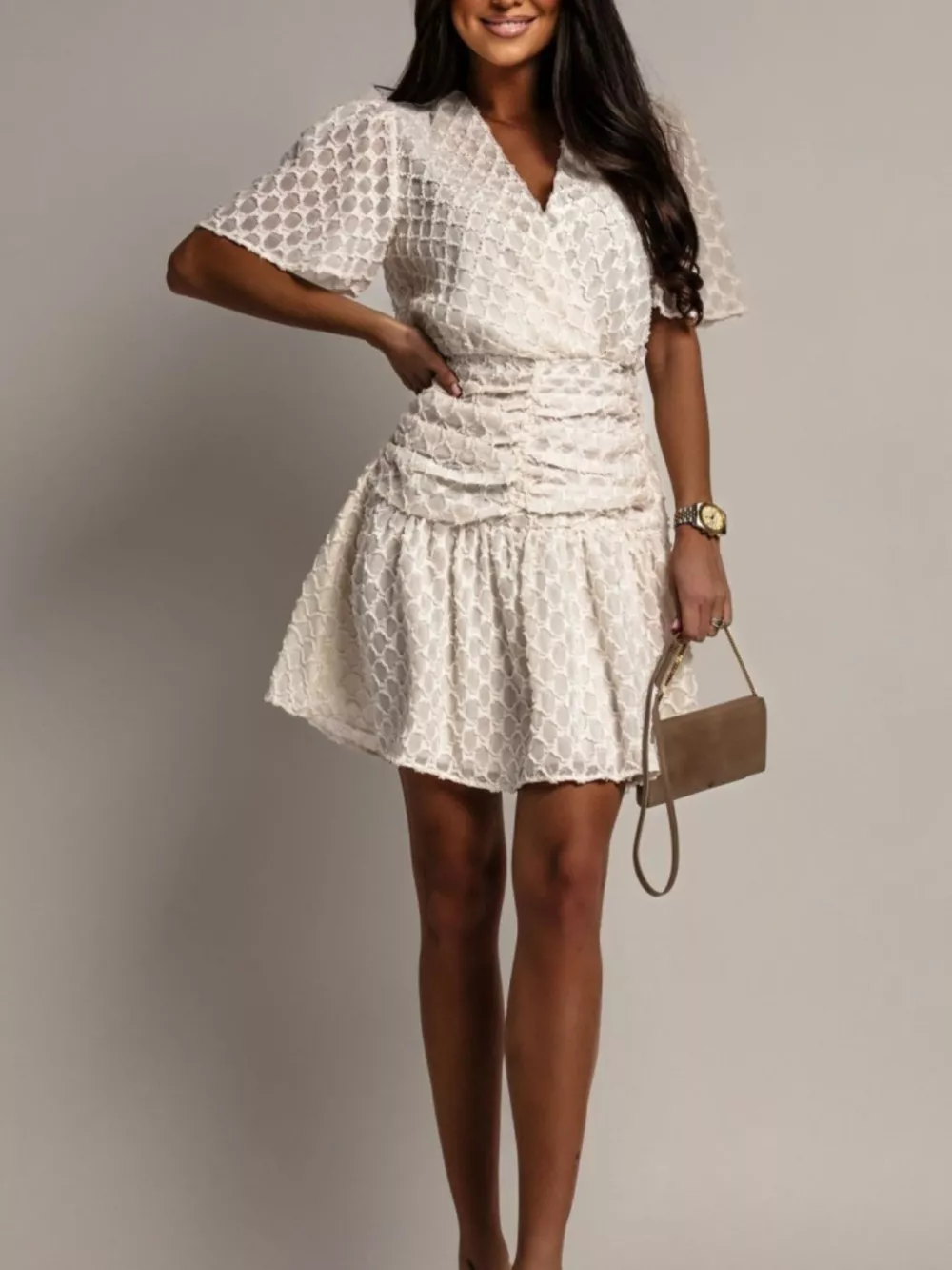 Textured Ruched Surplice Short Sleeve Dress, image 7