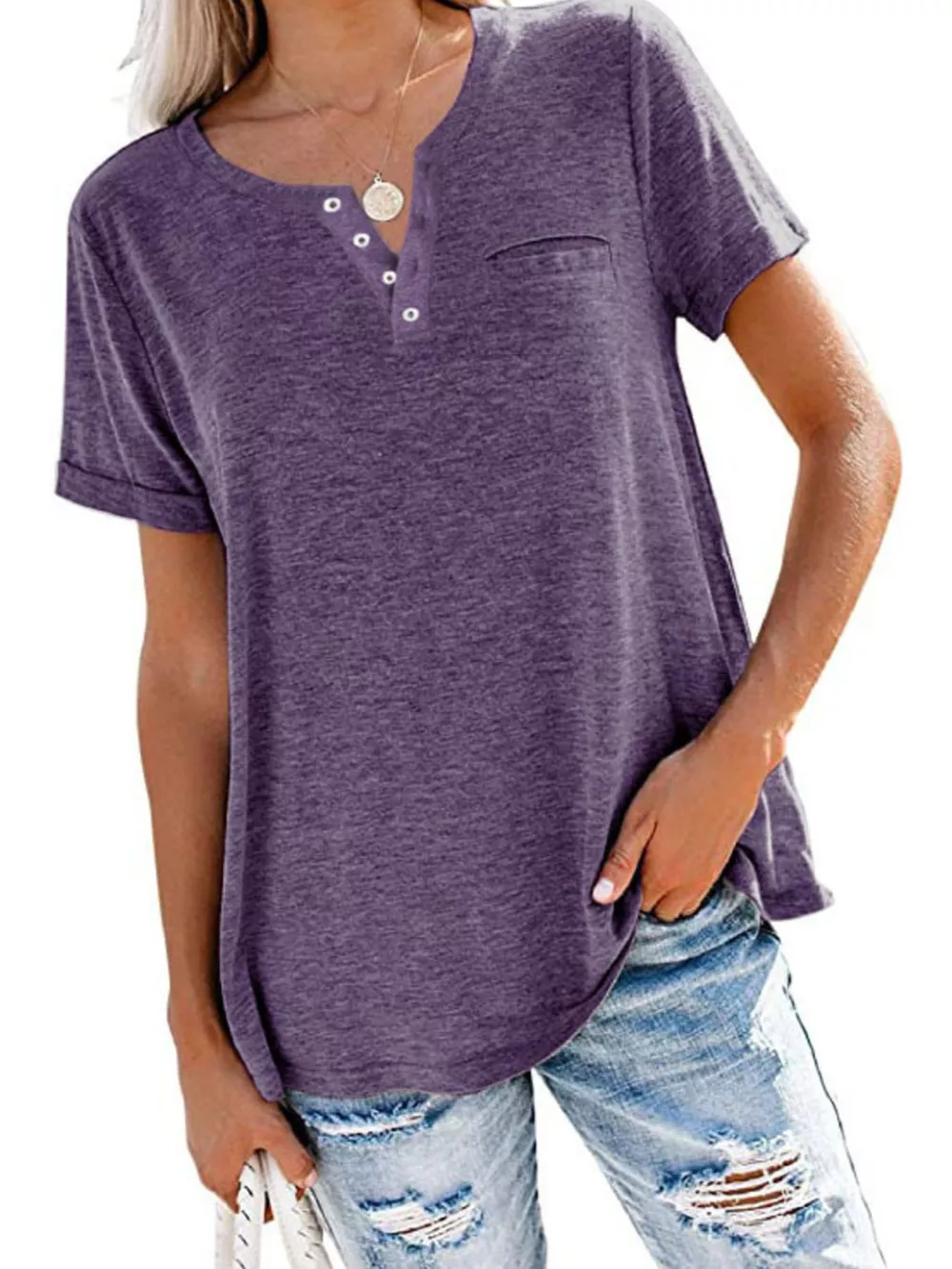 Full Size Casual Button-Front Pocket T-Shirt Plus Size, image 7