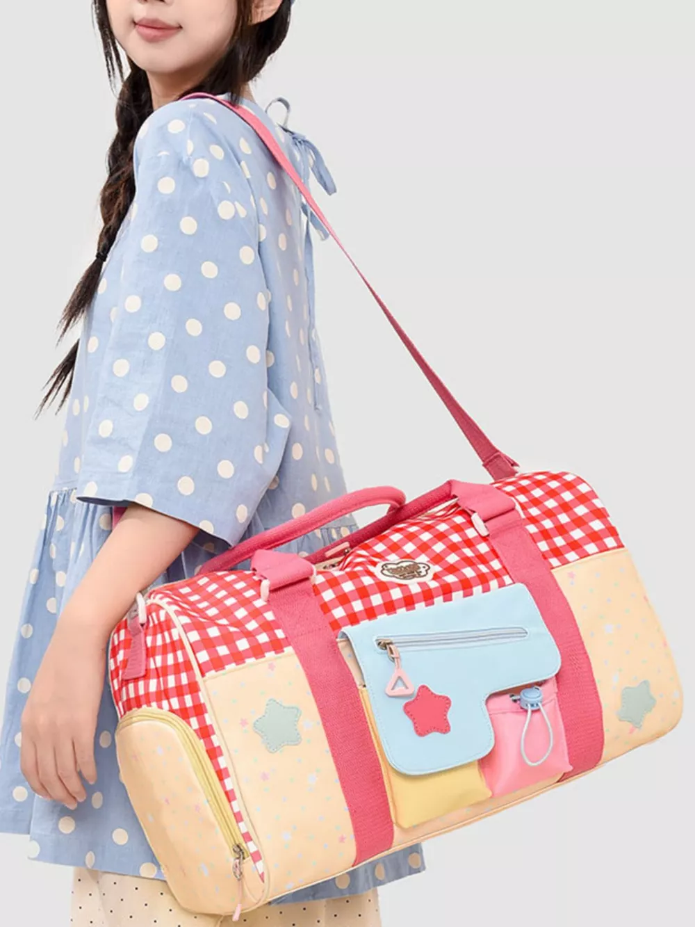 Gingham Duffel Bag with Multi-Pockets, image 2