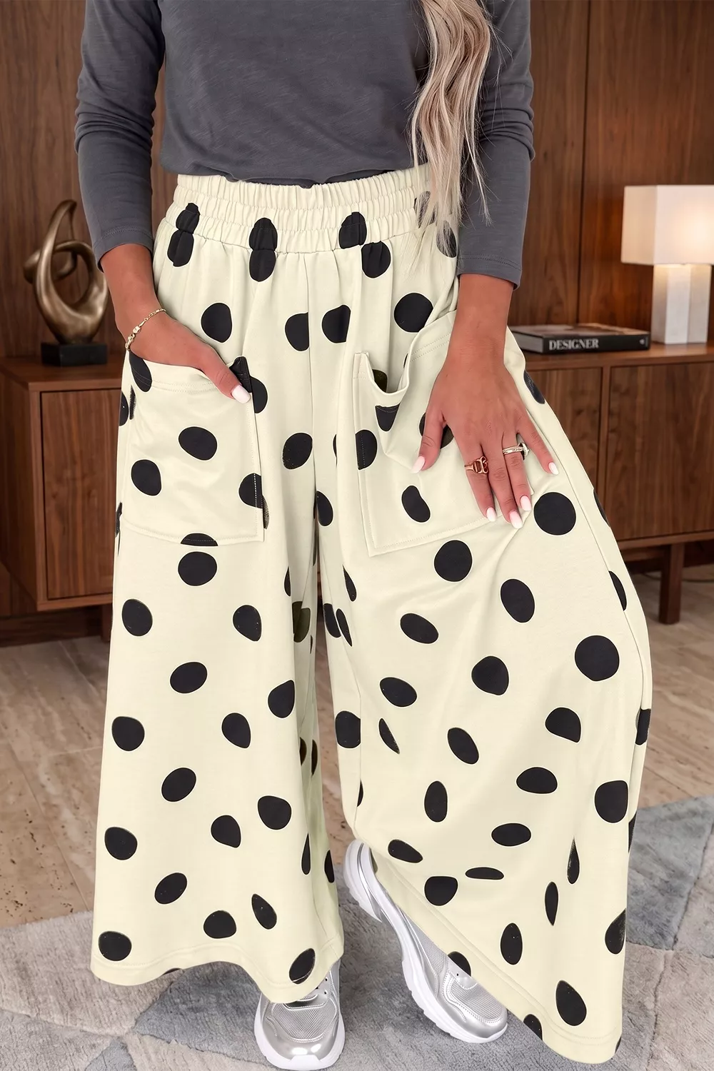 Polka Dot Wide Leg Elastic Waist Casual Pants, image 4