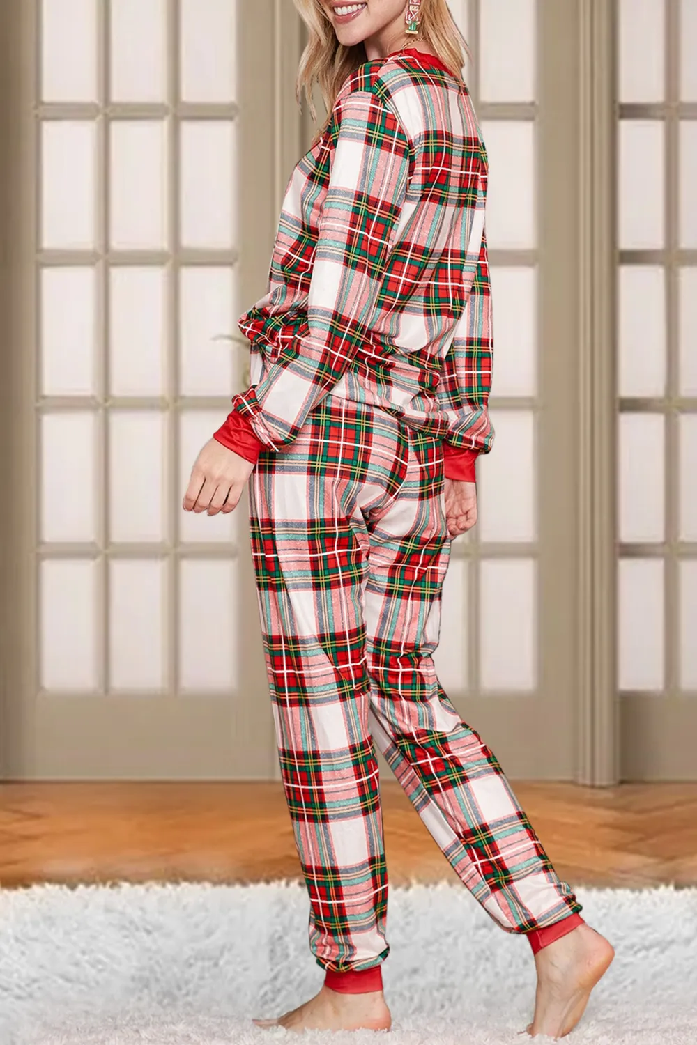 Plaid Round Neck Top and Pants Set, image 2