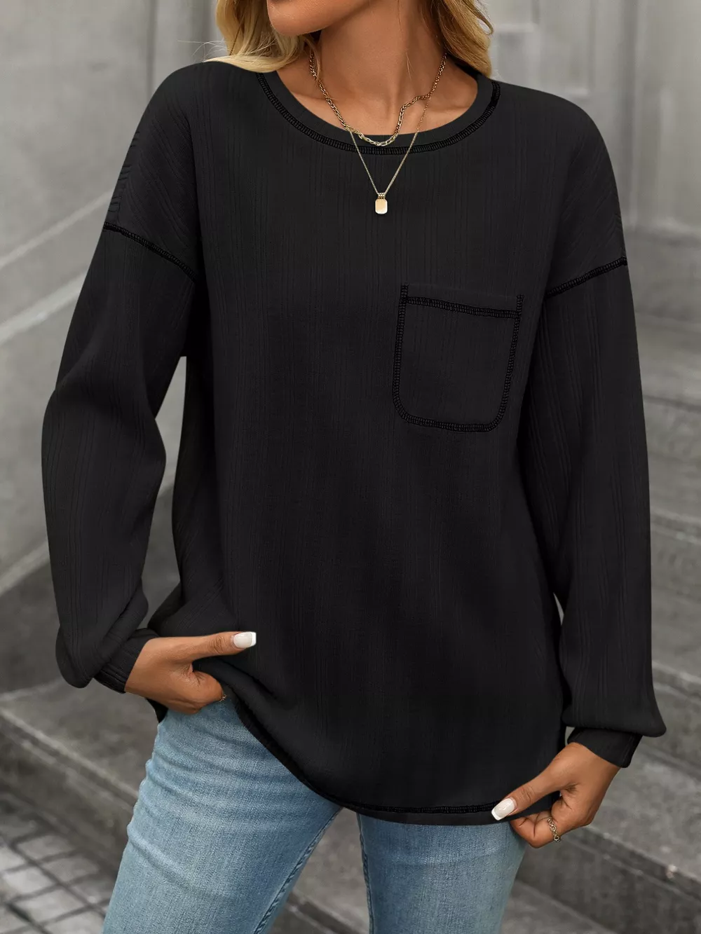 Casual Pocket Detail Long Sleeve T-Shirt, image 8
