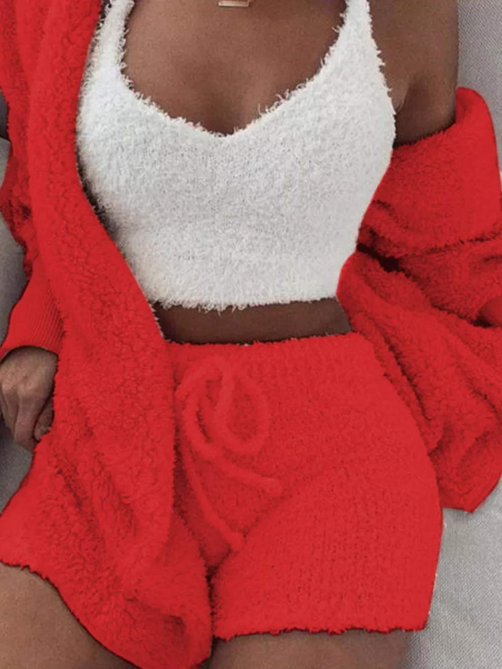 Full Size 3-Piece Fuzzy Plush Cardigan and Shorts Lounge Set with Crop Top Plus Size, image 2