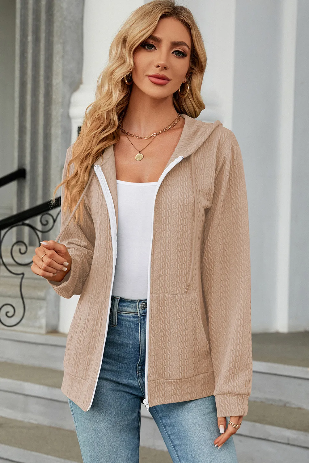 Drawstring Zip Up Long Sleeve Hoodie, image 14