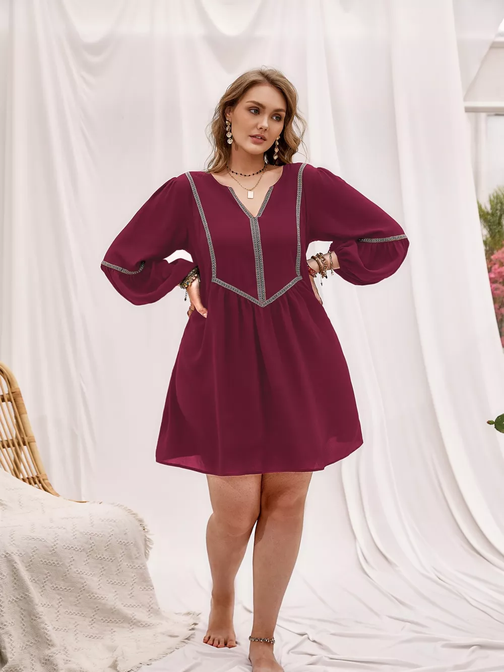 Plus Size Notched Balloon Sleeve Mini Dress, image 5
