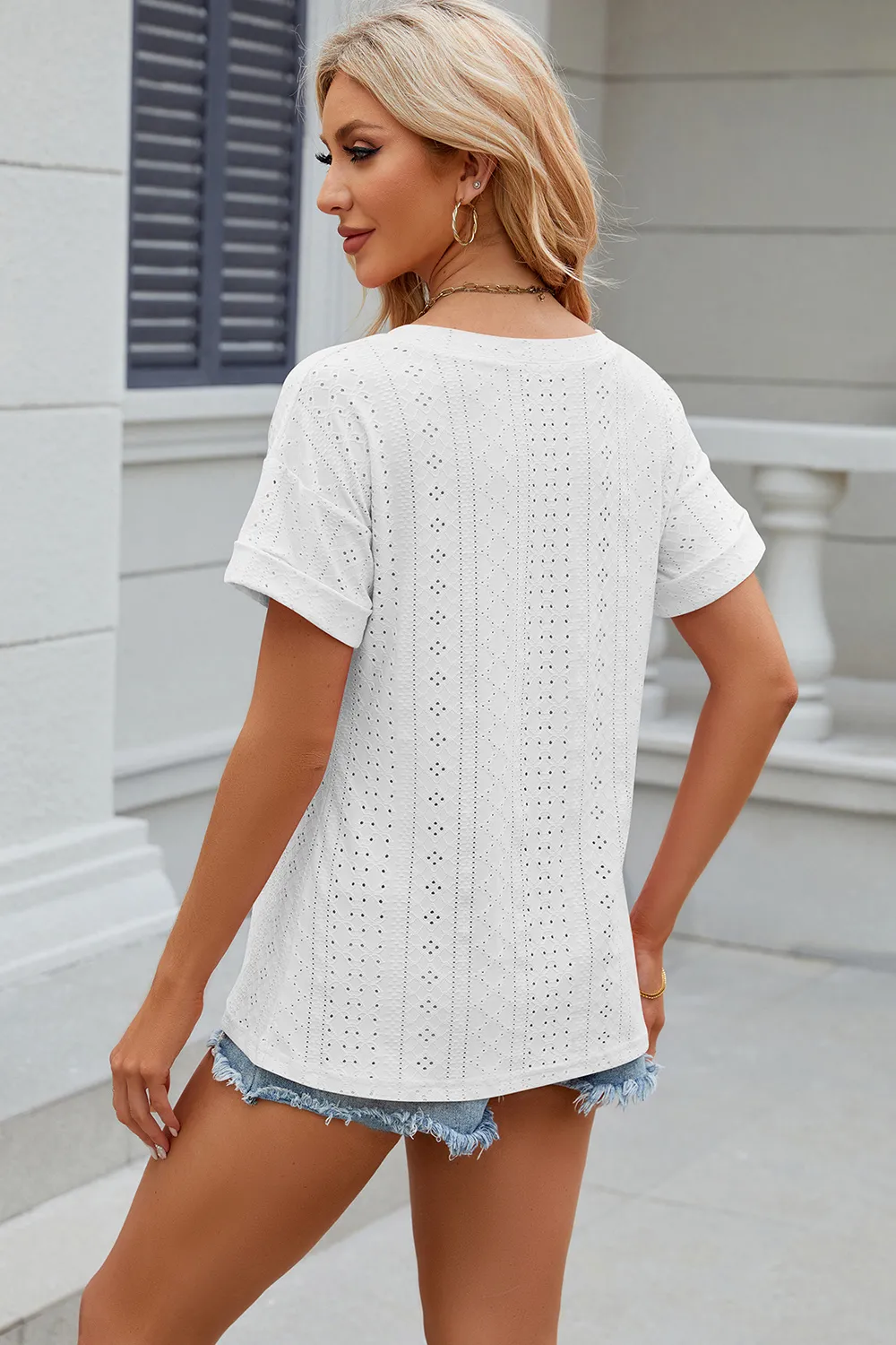 Eyelet V-Neck Short Sleeve T-Shirt, image 12