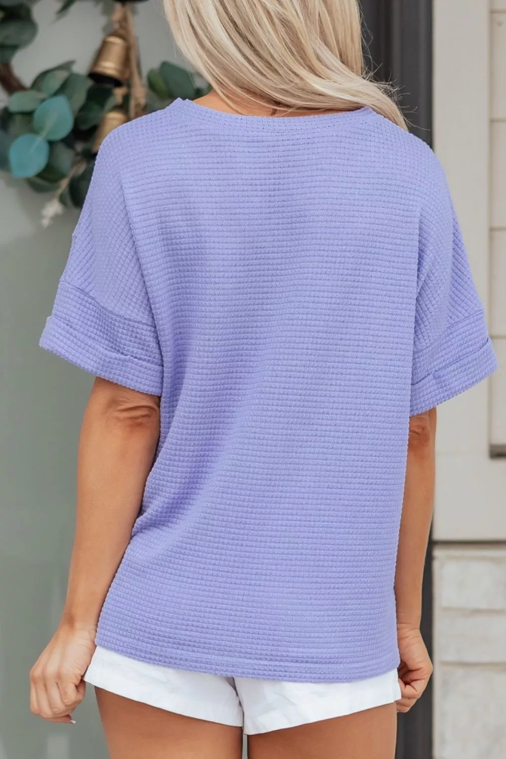 V Neck Short Sleeve Plus Size Waffle Knit Top, image 3