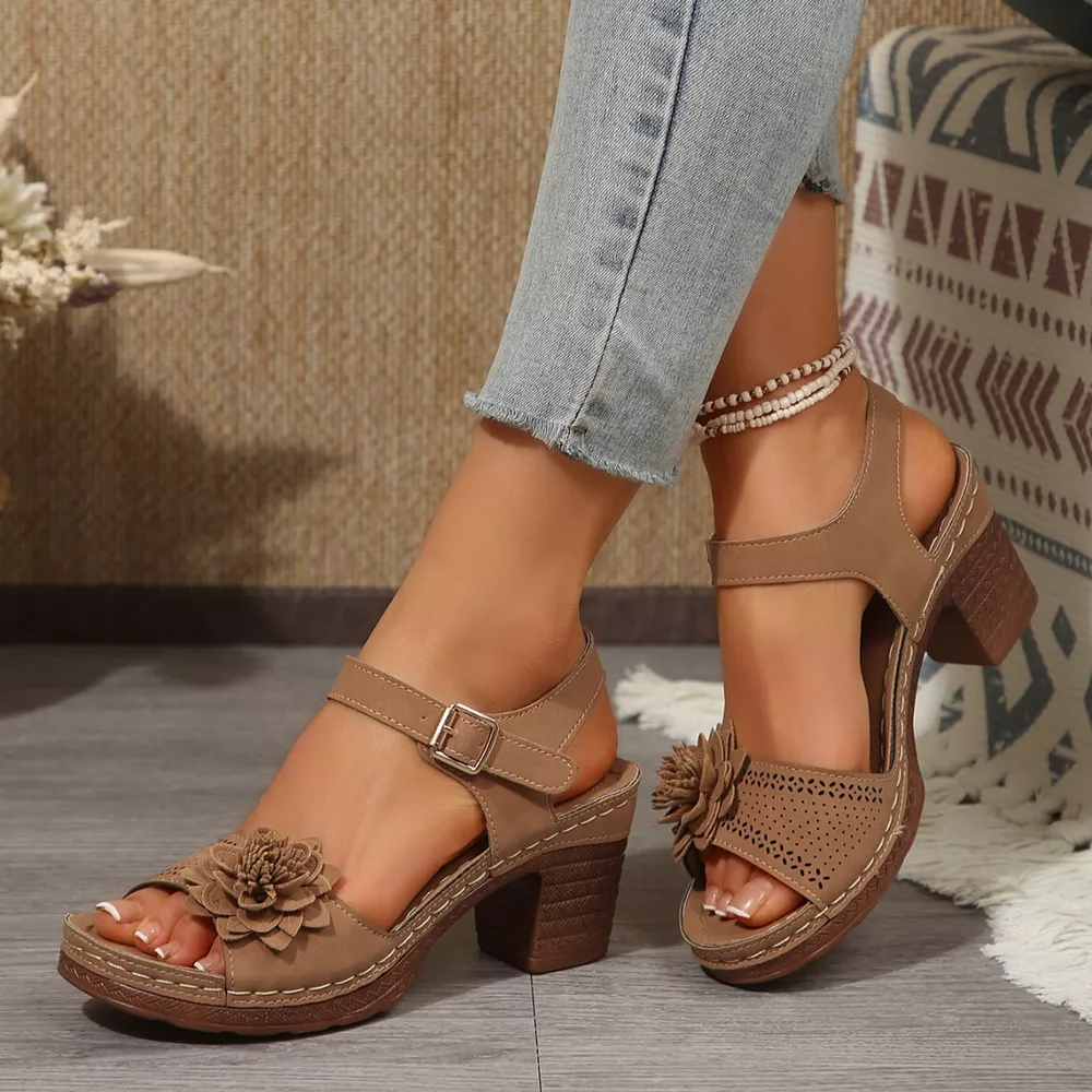 Floral Decor Buckle Ankle Strap Block Heel Sandals, image 7