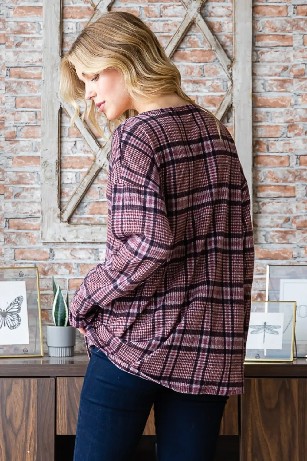 Full Size Plaid V-Neck Long Sleeve Top, image 2