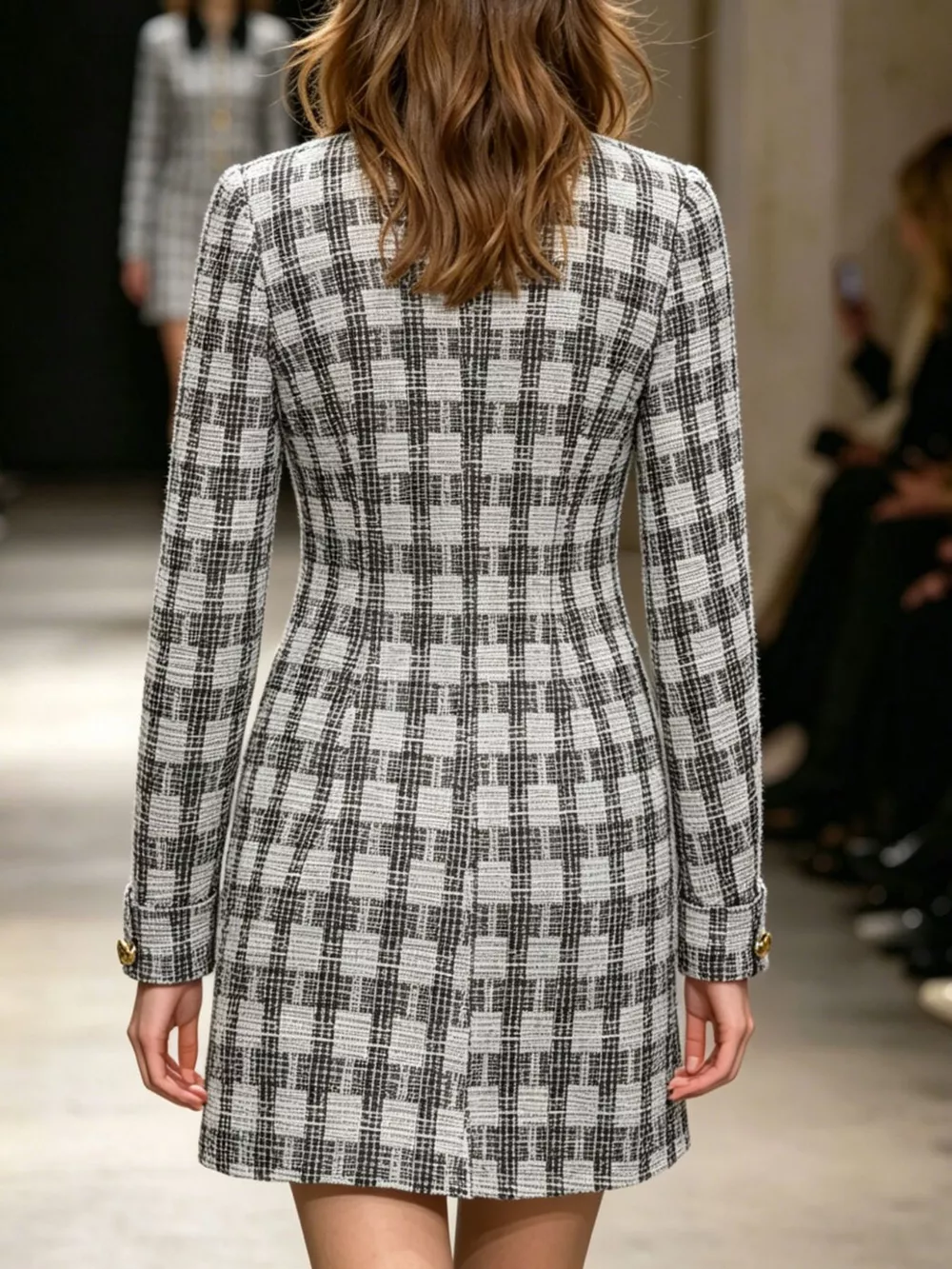 Long Sleeve Plaid Tweed Button-Down Mini Dress, image 3