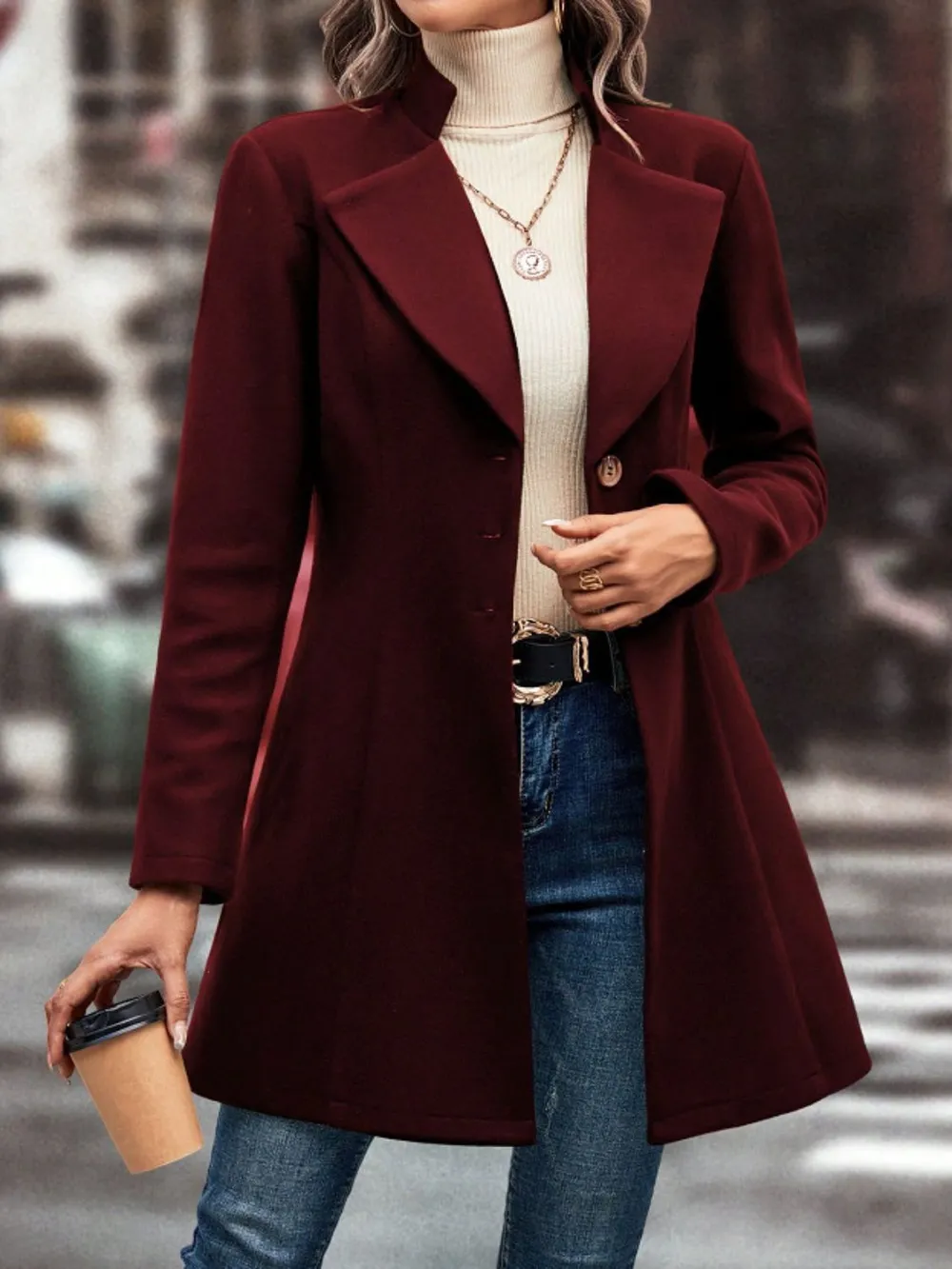 Collared Neck Button Up Long Sleeve Coat, image 3