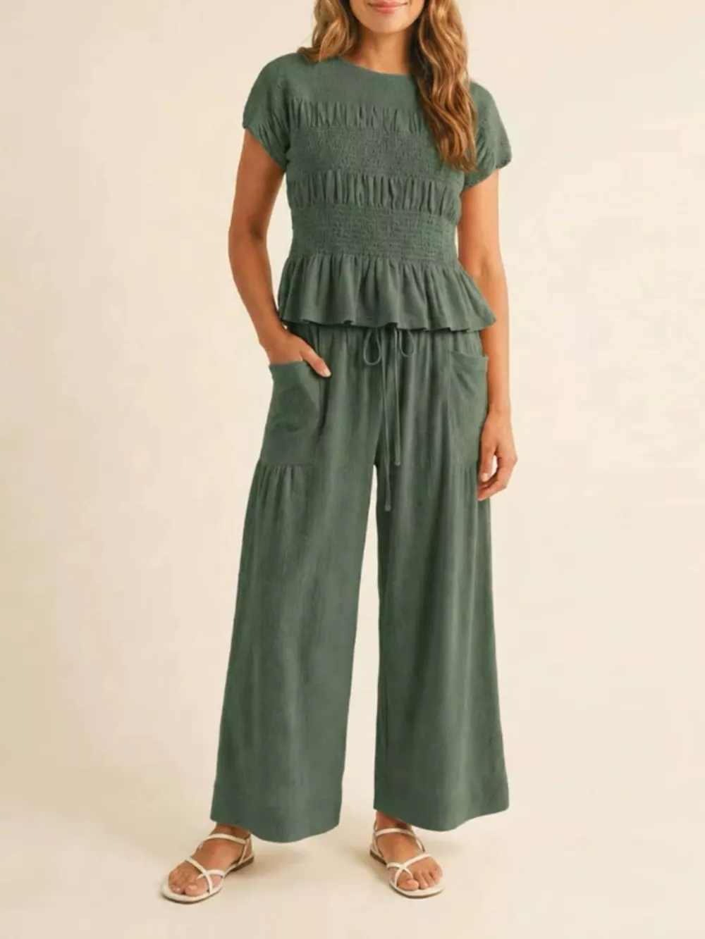 Smocked Peplum Top and Wide-Leg Pants Set, image 5