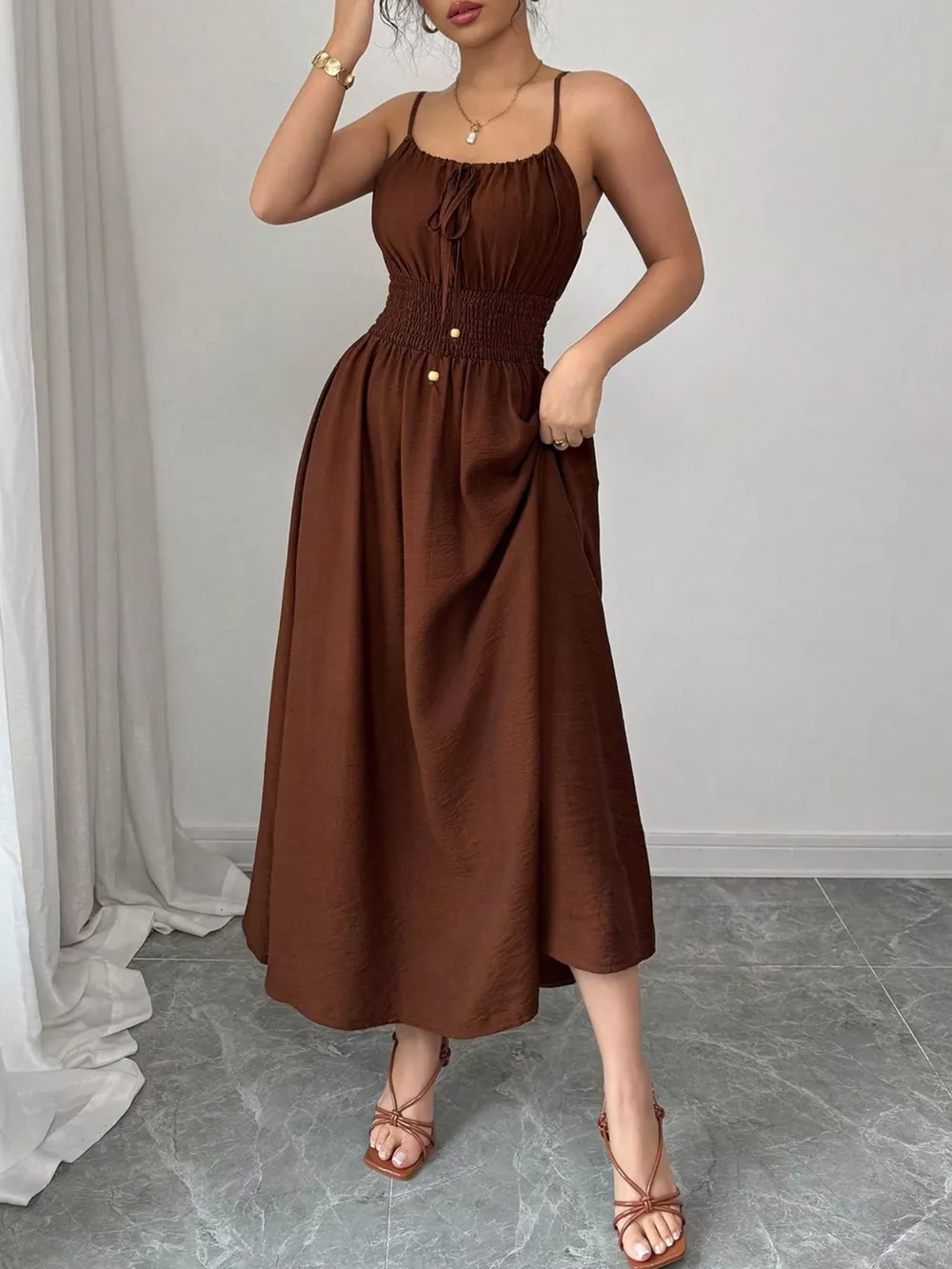 Smocked Spaghetti Strap Midi Dress, image 11
