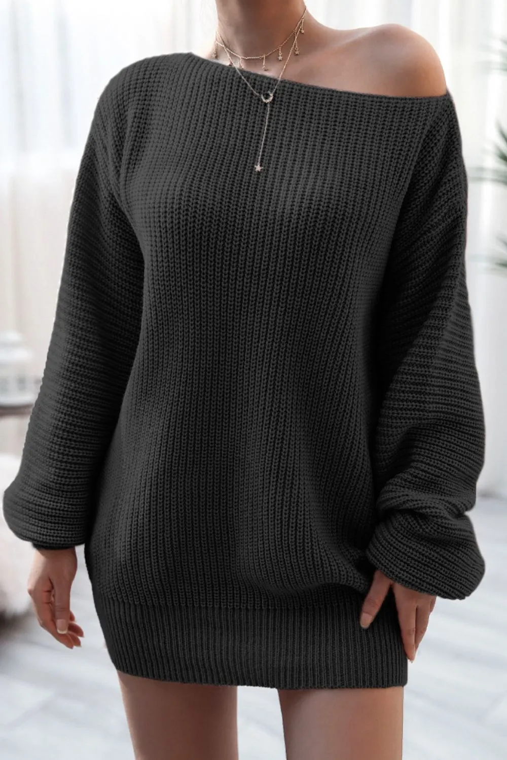 Boat Neck Long Sleeve Mini Sweater Dress, image 11