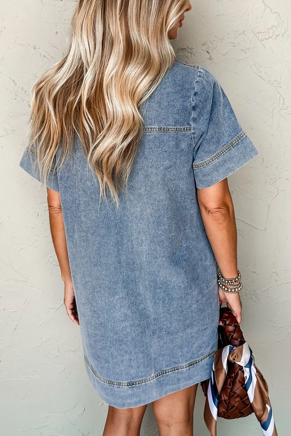 Short Sleeve Collared Patched Pocket Denim Mini Dress, image 10