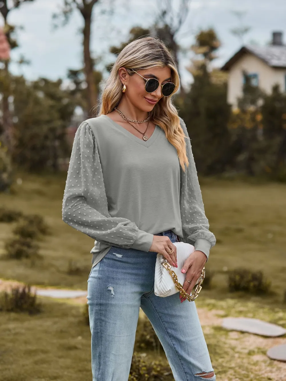 Swiss Dot V-Neck Long Sleeve Blouse, image 11