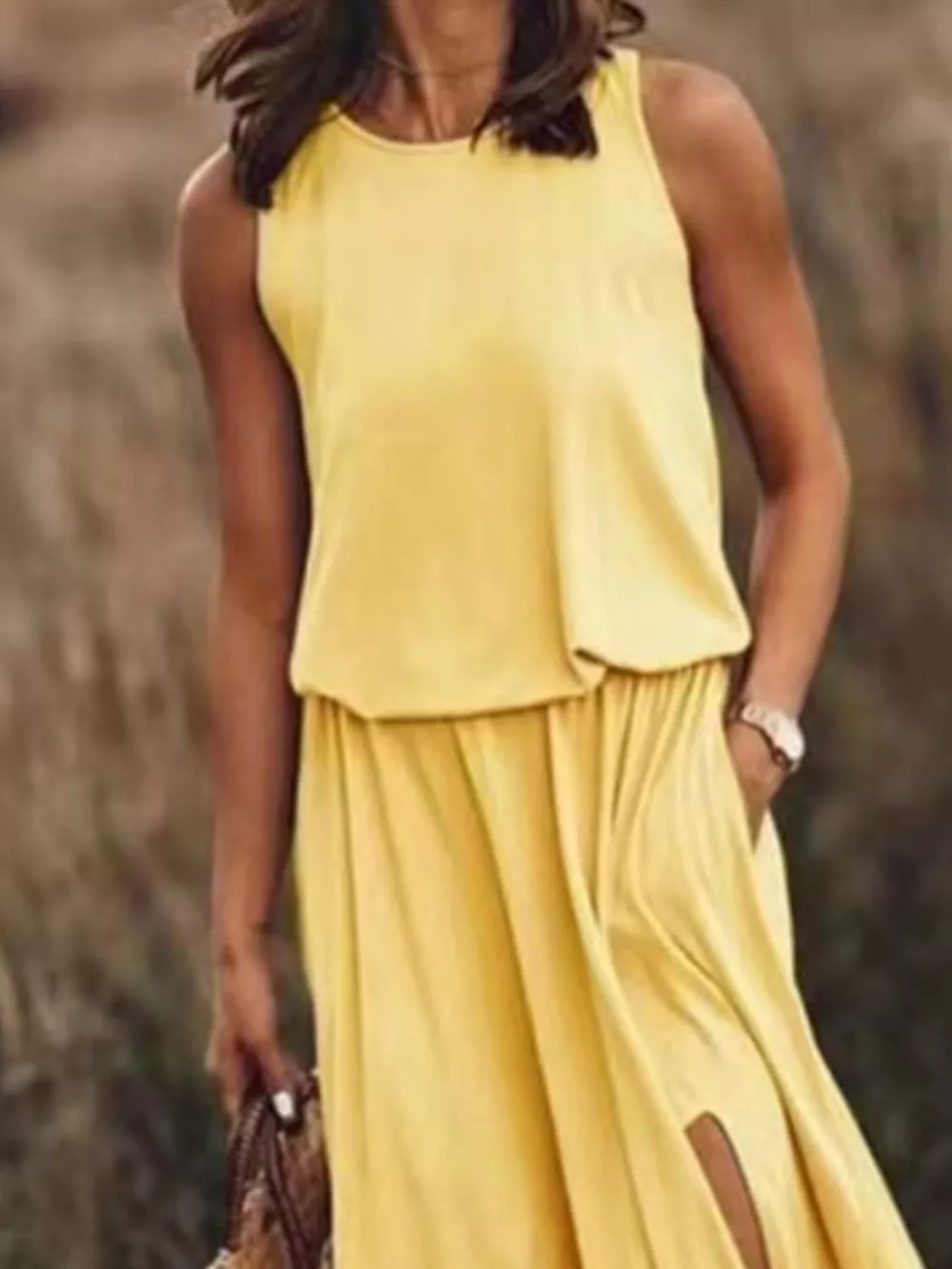 Full Size Round Neck Sleeveless Slit Maxi Dress Plus Size, image 15