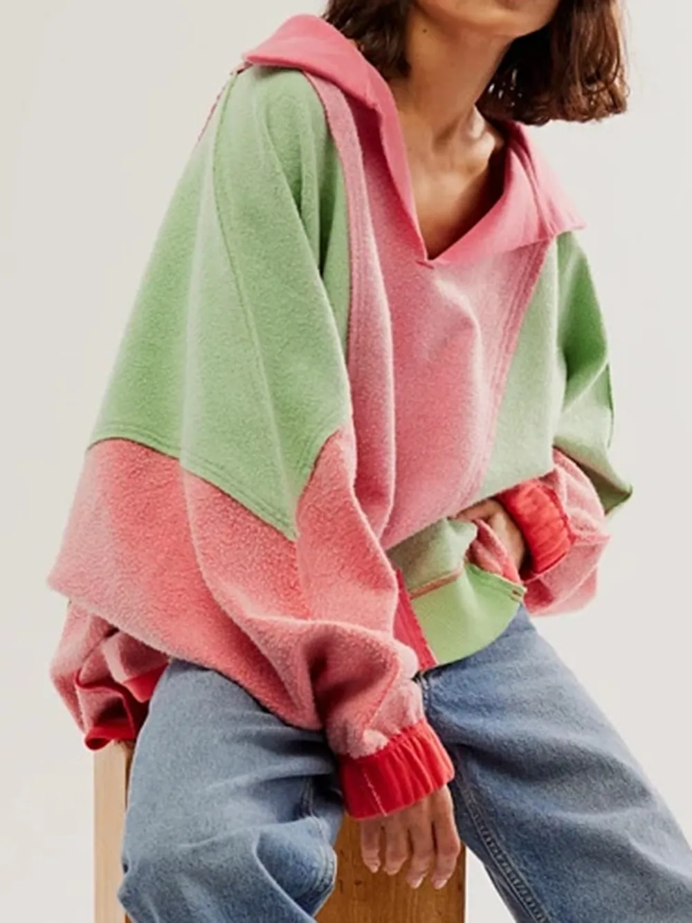High-Low Exposed Seam Contrast Long Sleeve Sweatshirt, image 13