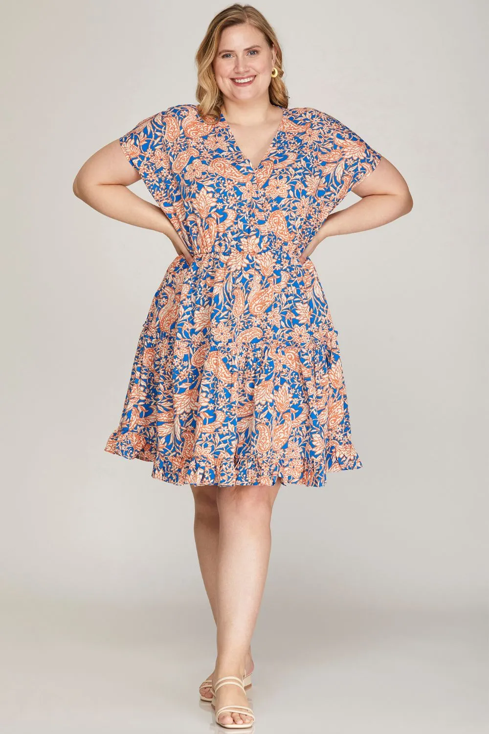 Full Size Ruffled Hem Printed Surplice Kimono Sleeve Mini Dress Plus Size, image 2
