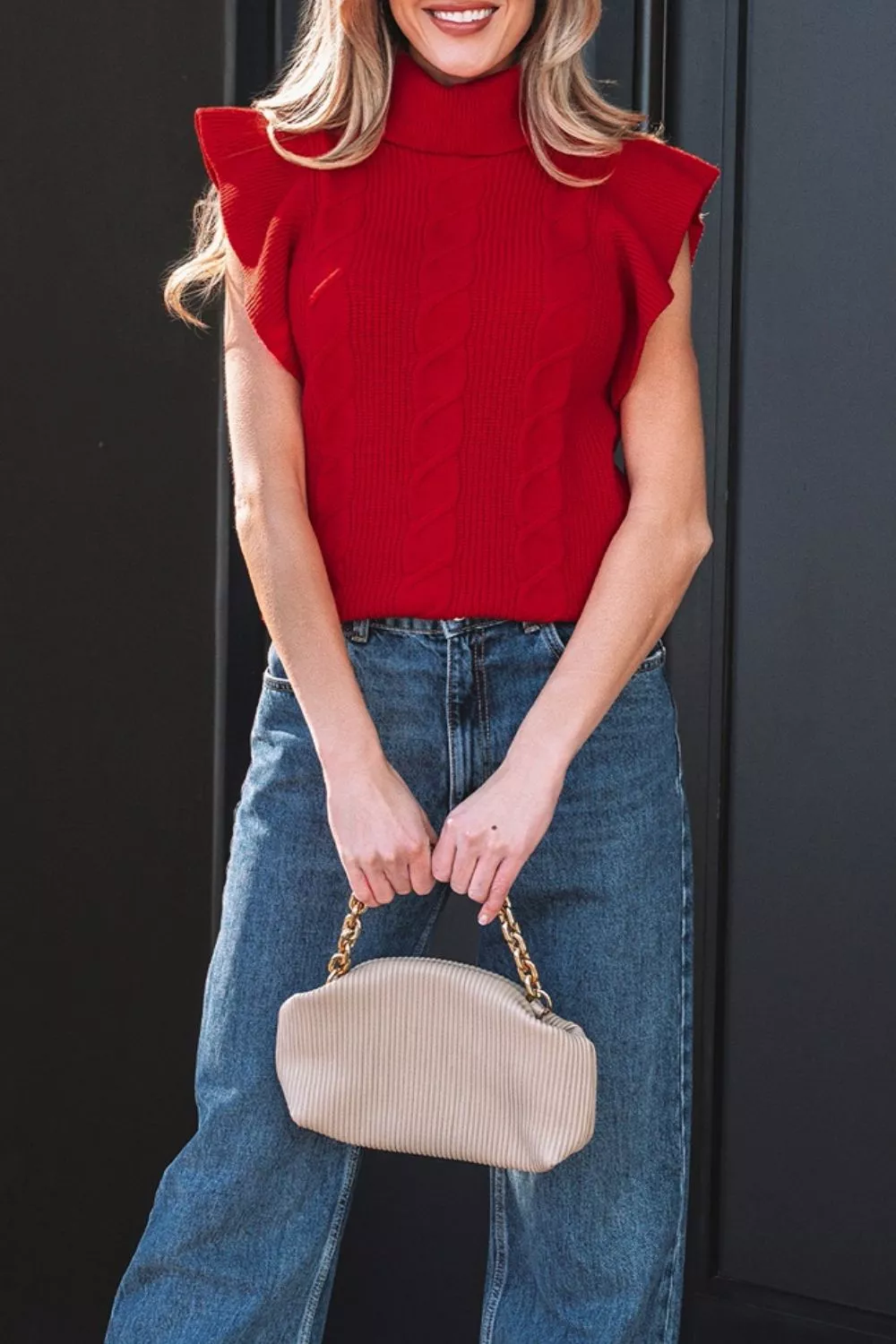 Cable Knit Turtleneck Ruffled Short Sleeve Sweater, image 4