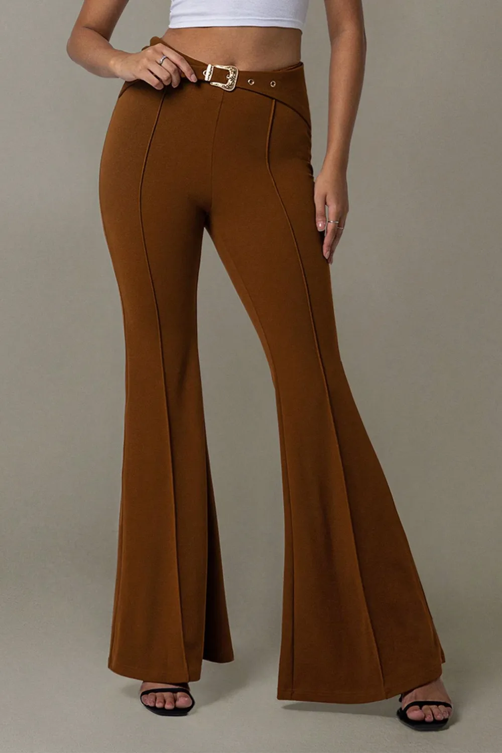 High Waist Flare Pants with Buckle Belt, image 5