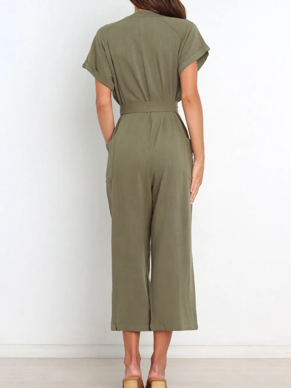 Notched Short Sleeve Tie Waist Jumpsuit, image 8