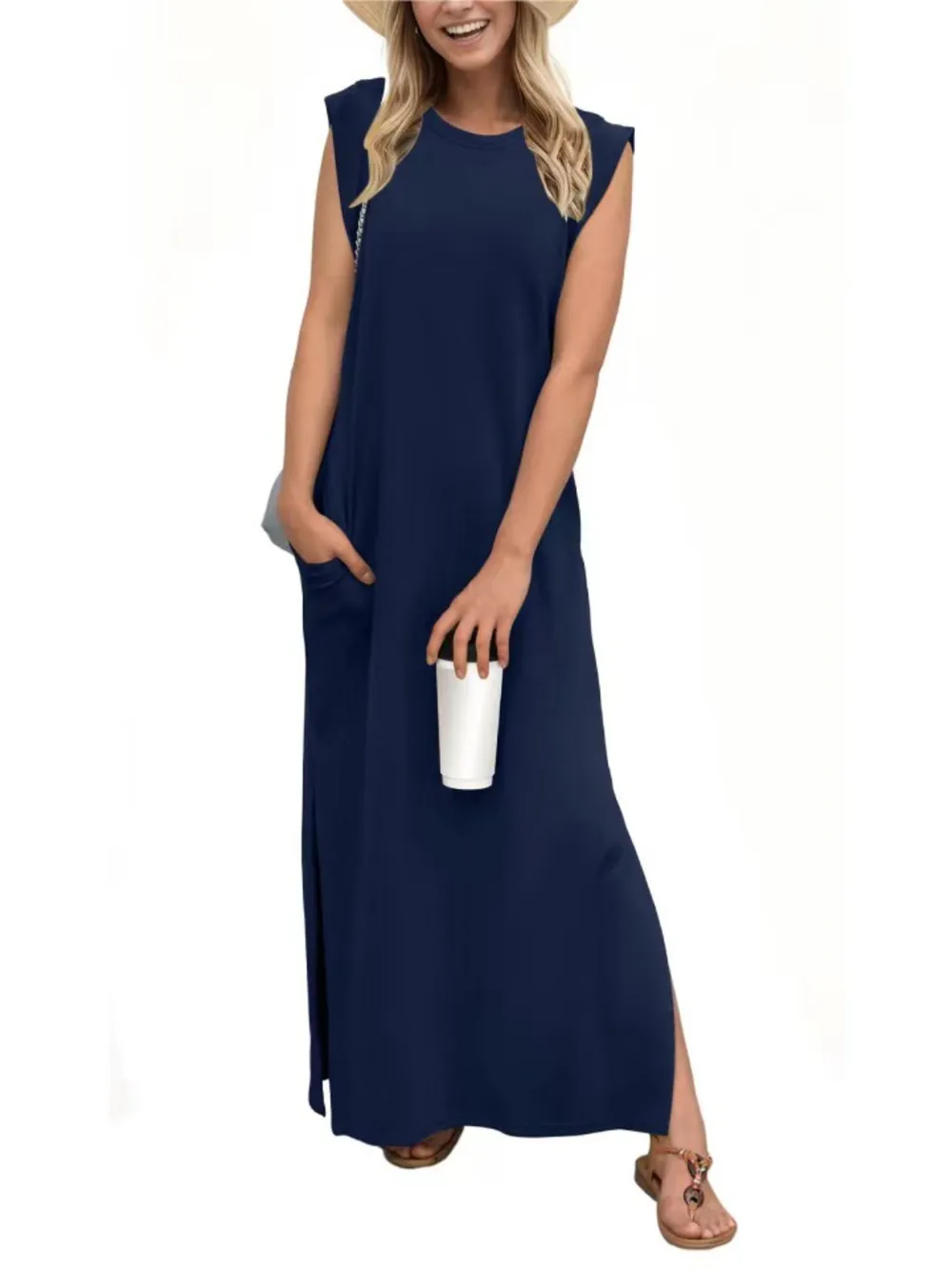 Full Size Slit Round Neck Sleeveless Maxi Tank Dress Plus Size, image 13