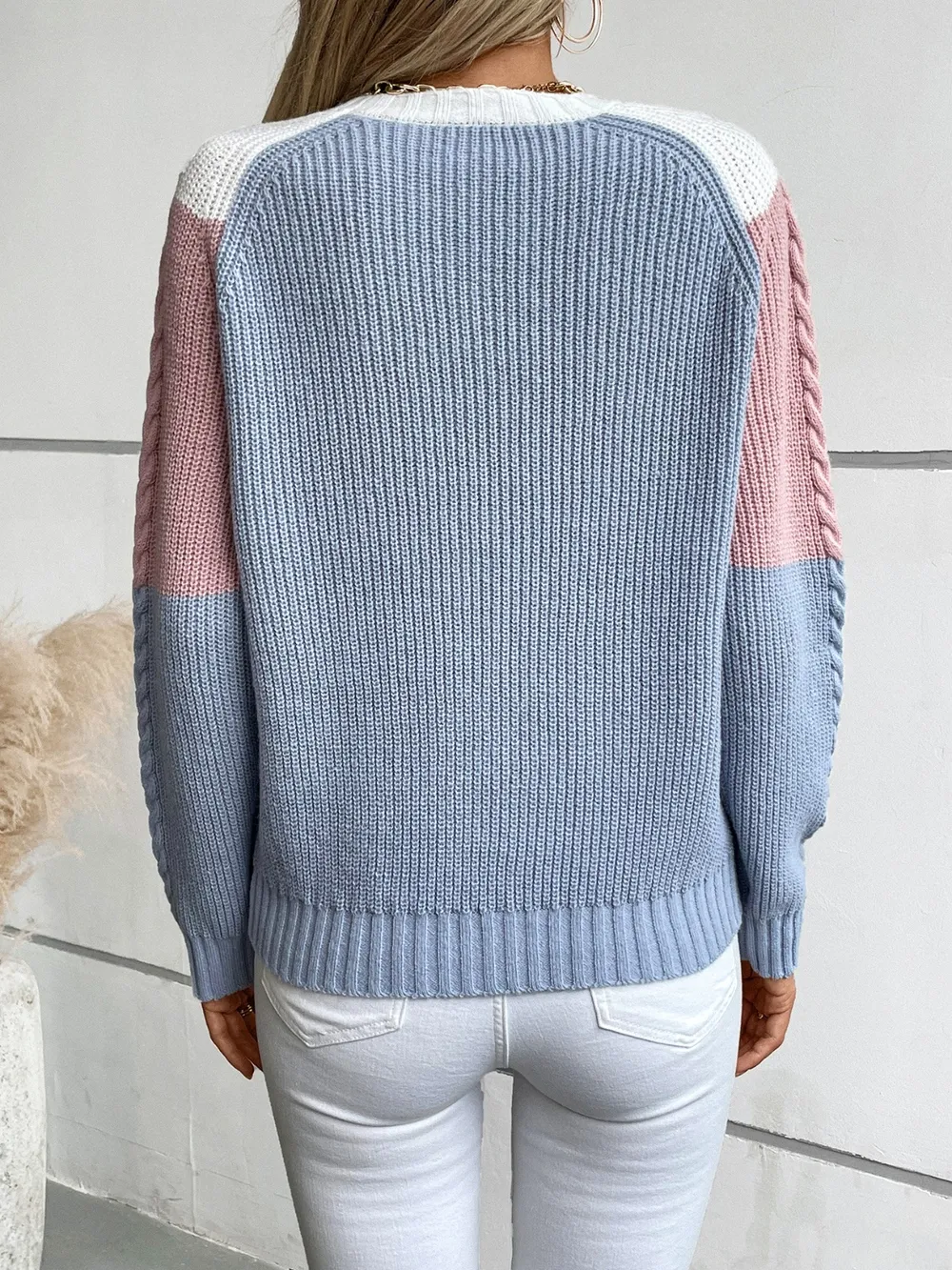 Color Block Round Neck Long Sleeve Sweater, image 7