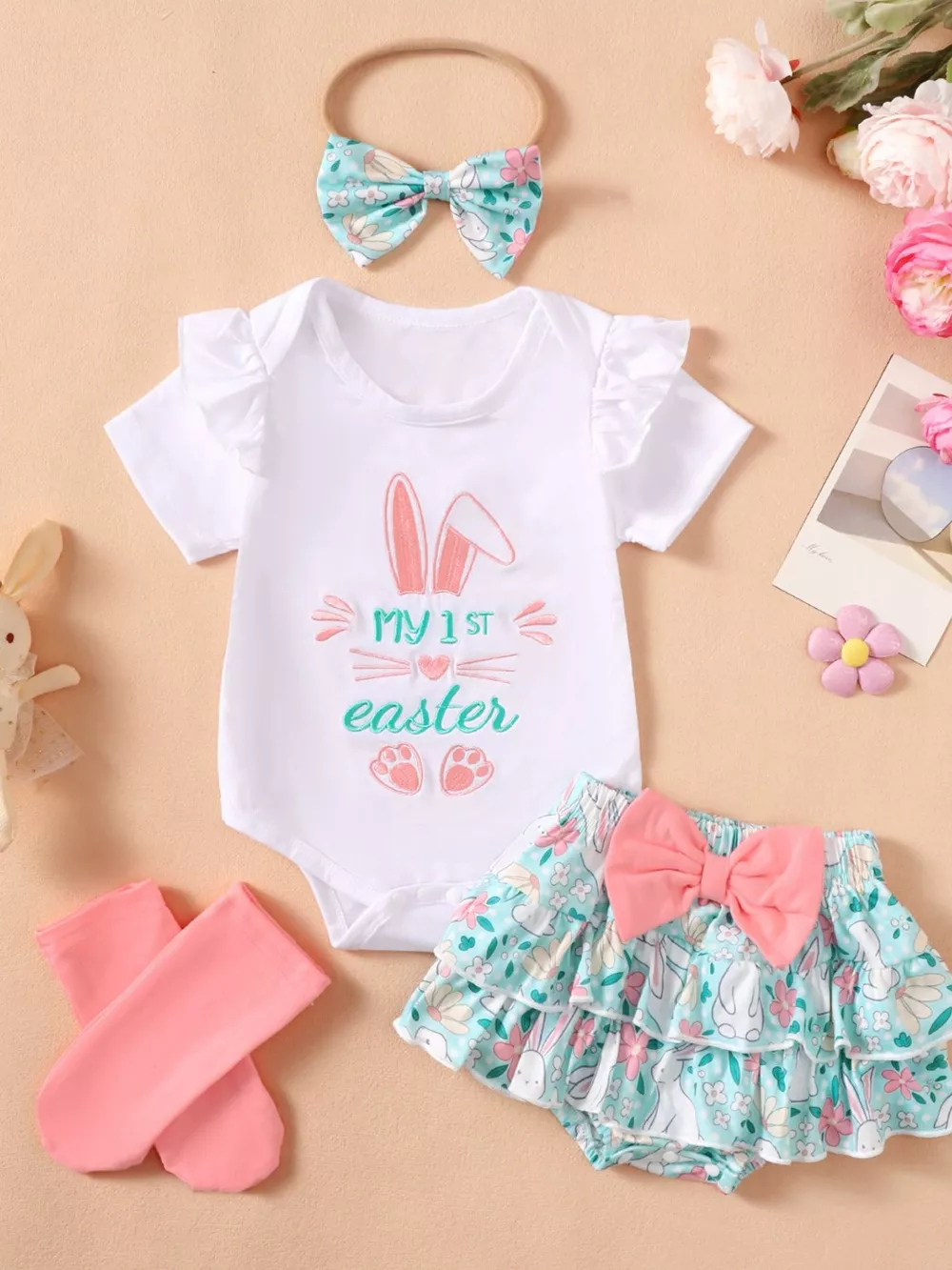 Children's Ruffled Trim Bodysuit and Skirt Set with Headband