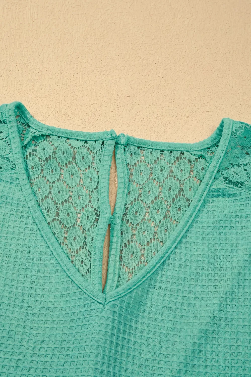Lace Splicing Button Cutout V Neck Waffle Knit Blouse, image 7
